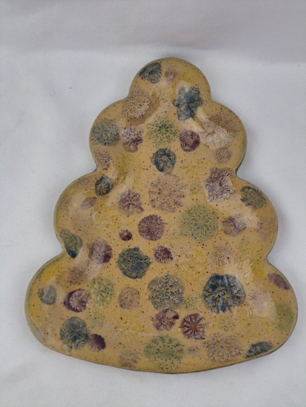 Handcrafted Ceramic Christmas Tree Trinket Dish Multi Colored Speckled Snowflake